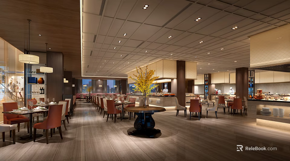 Modern Restaurant Interior With Tables Chairs Round Center Table Yellow Flowers And Ceiling Spotlights 3d model 