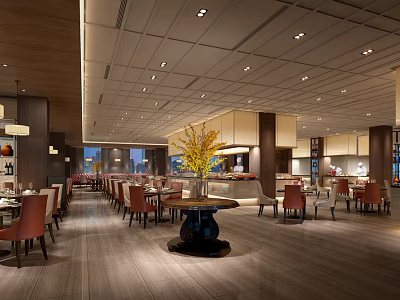 Modern Restaurant Interior With Tables Chairs Round Center Table Yellow Flowers And Ceiling Spotlights 3d model
