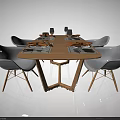 Modern Wooden Dining Table Set With White Chairs Tableware And Glasses 3d model