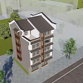 Multi Storey Modern Chinese Style Building With Gray White Exterior Wooden Decorations And Street Trees