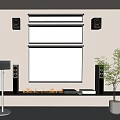 Projection Monitoring System With Large Screen Speakers Fireplace And Indoor Plants Setup