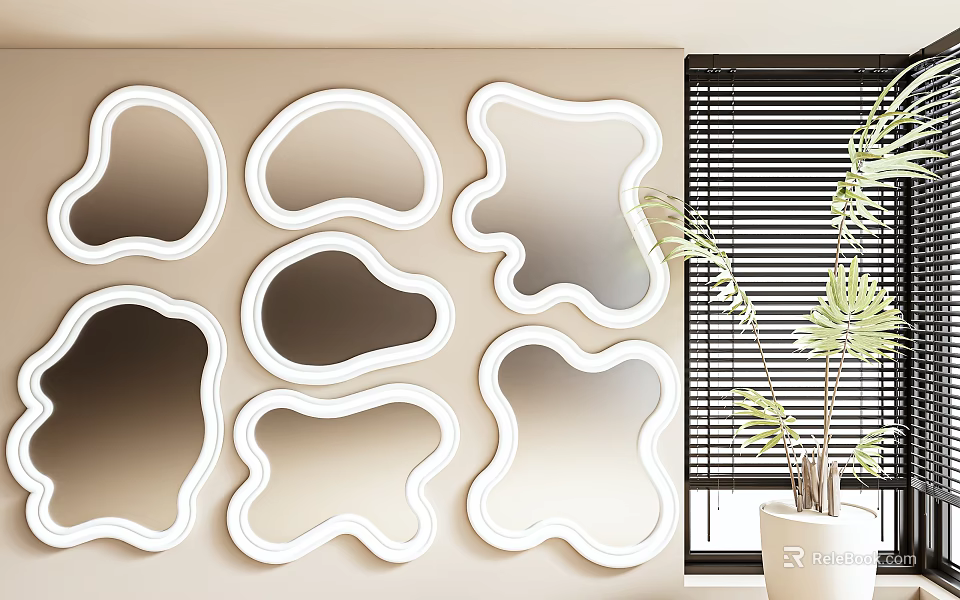 Irregularly Shaped White Framed Mirrors On Wall With Window Blinds And Potted Plant 3d model