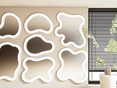 Irregularly Shaped White Framed Mirrors On Wall With Window Blinds And Potted Plant 3d model