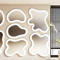 Irregularly Shaped White Framed Mirrors On Wall With Window Blinds And Potted Plant 3d model