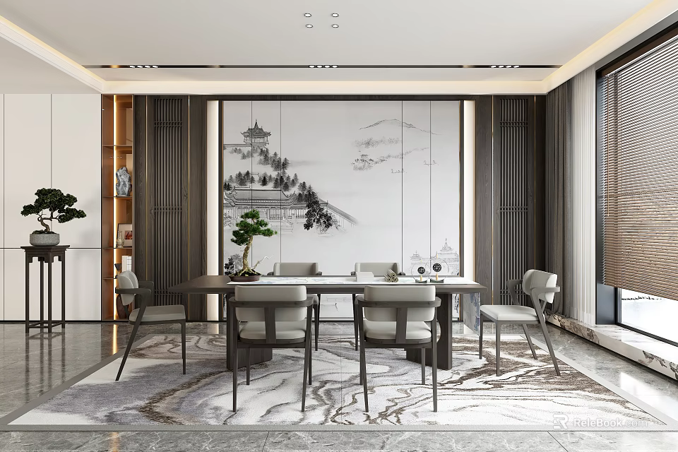 New Chinese Restaurant Interior Featuring Mountain Water Painting Wall Dining Table Chairs And Potted Plant 3d model 