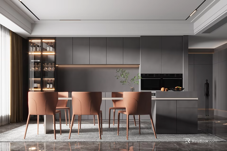 Modern Restaurant Interior Design With Open Layout Dining Table And Chairs 3d model