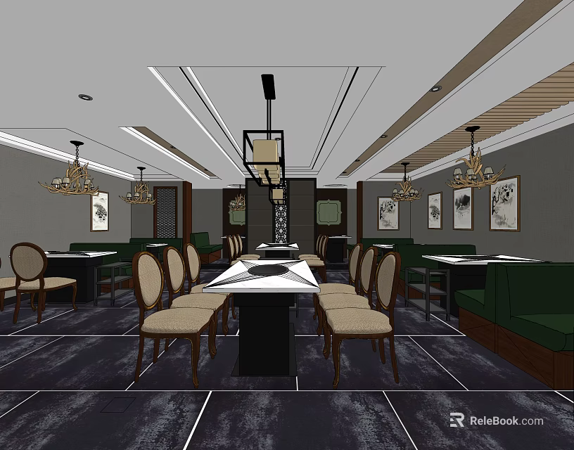 Hotpot Restaurant Interior With Stylish Tables Chairs Chandeliers Green Booth Seating And Decorative Paintings 3d model 