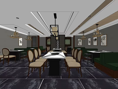 Hotpot Restaurant Interior With Stylish Tables Chairs Chandeliers Green Booth Seating And Decorative Paintings 3d model