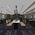 Hotpot Restaurant Interior With Stylish Tables Chairs Chandeliers Green Booth Seating And Decorative Paintings