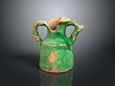 Ancient Carved Green Glazed Ceramic Sculpture With Twisted Handles And Weathered Surface 3d model