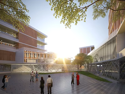 Modern Office Building with Glass and Wooden Facade Trees People Walking in Plaza Sunlight 3d model