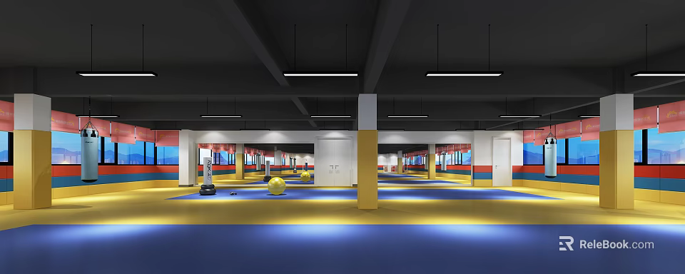 Bright Indoor Fitness Studio With Exercise Balls And Colorful Training Floors 3d model 