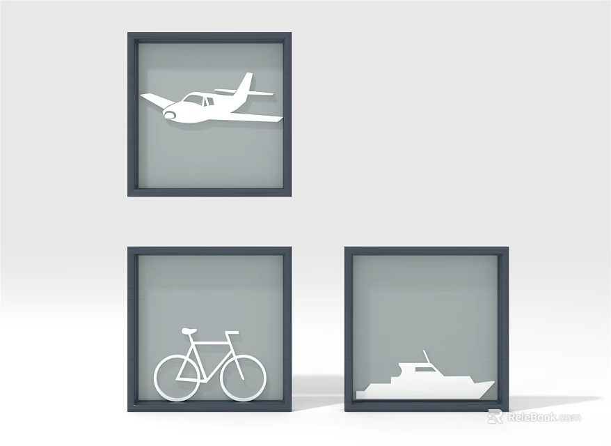 Minimalist Black Framed Wall Art Featuring Airplane Bicycle Ship Silhouette Designs 3d model 