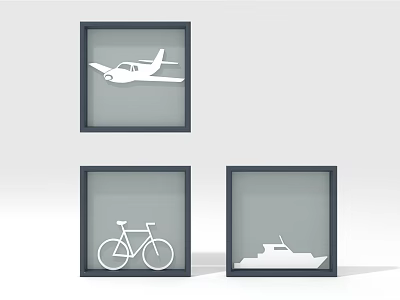 Minimalist Black Framed Wall Art Featuring Airplane Bicycle Ship Silhouette Designs 3d model