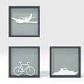 Minimalist Black Framed Wall Art Featuring Airplane Bicycle Ship Silhouette Designs