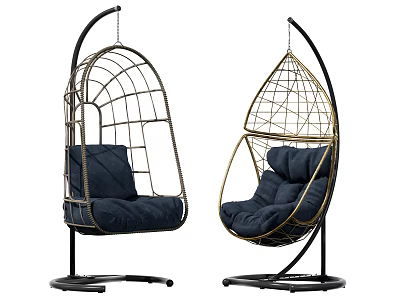Modern Metal Frame Hanging Chairs With Blue Cushions And Sturdy Base Design 3d model
