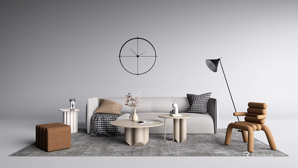 Modern Minimalist Sofa And Coffee Table Set With Accent Pillows Floor Lamp And Wall Clock 3d model 
