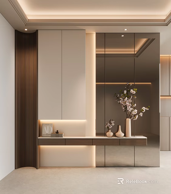 Elegant Modern Entryway Hallway Design With Mirror Cabinet Decorative Plants Soft Lighting And Console Table 3d model 