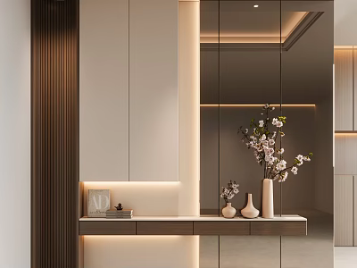 Elegant Modern Entryway Hallway Design With Mirror Cabinet Decorative Plants Soft Lighting And Console Table 3d model