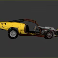 Yellow Custom Car with Red Frame Exposed Engine Open Top and Rusty Large Wheels