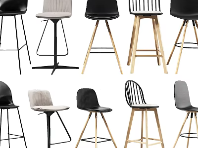 Modern Bar Stools With Various Designs Wooden Metal Legs And Different Color Seats 3d model