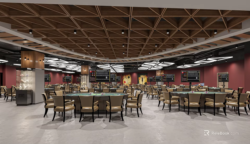 Spacious Dining Hall Interior With Wooden Ceiling Red Walls And Tables Chairs 3d model 