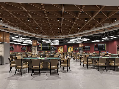 Spacious Dining Hall Interior With Wooden Ceiling Red Walls And Tables Chairs 3d model