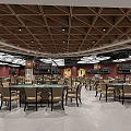 Spacious Dining Hall Interior With Wooden Ceiling Red Walls And Tables Chairs