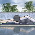 Building Facade Featuring Marble Texture Circular Design Wavy Lines Illuminated With Pool Reflection Surrounding Trees