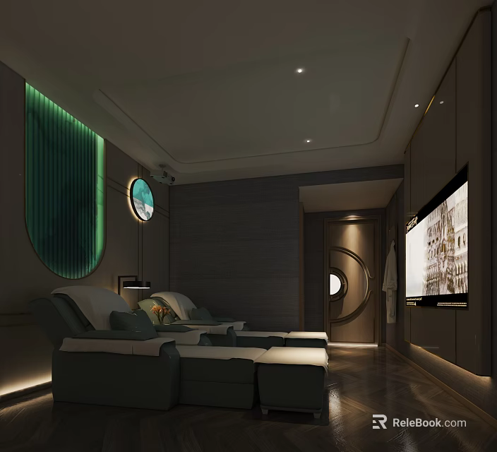 Modern SPA Sauna Room Interior With Reclining Chairs And Green Decor Lighting 3d model 