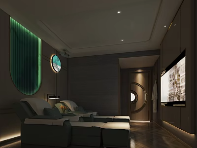 Modern SPA Sauna Room Interior With Reclining Chairs And Green Decor Lighting 3d model