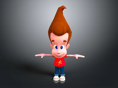 3D Cartoon Character With Red Spiky Hair Red Star Shirt Blue Pants And White Shoes 3d model