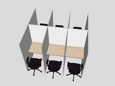 Multiple Office Desks In Cubicles With Light Wood Surface And Black Chairs 3d model
