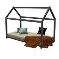 Gray House Shaped Kids Bed With Colorful Pillows And Orange Blanket