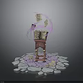 Magical Scene With Ancient Book On Pedestal Floating Papers Purple Aura And Broken Stone Floor