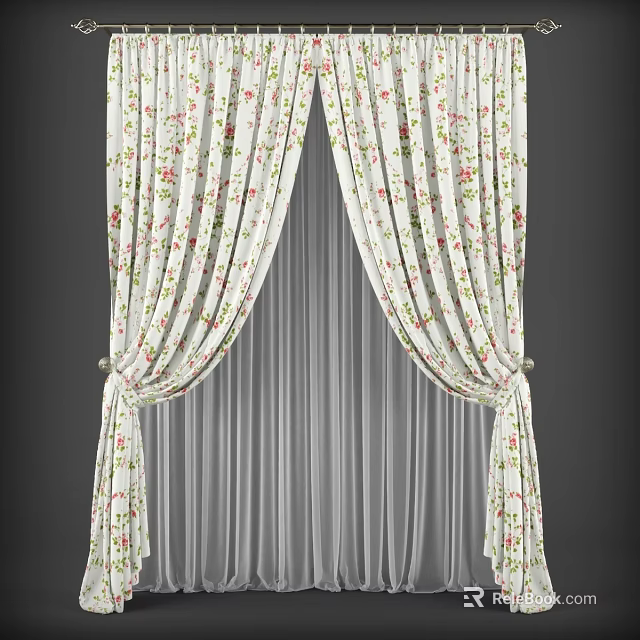 Floral Pattern Curtains with White Background Pleated Design and Sheer Layer for Window Decoration 3d model
