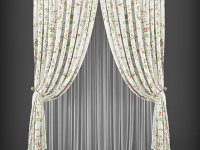 Floral Pattern Curtains with White Background Pleated Design and Sheer Layer for Window Decoration 3d model