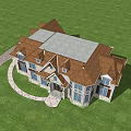 European Style Detached Villa With Brown Roof Stone Walls Multiple Windows And Green Lawn