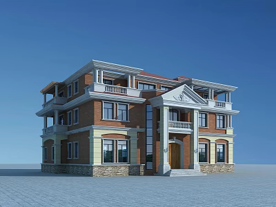 Two Story Detached Villa Exterior With Red Brick Walls Beige Accents Front Steps And Balconies 3d model