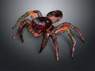 Realistic Spider With Brown Body Red Black Head And Green Orange Legs 3d model