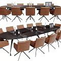 Modern Conference Table With Brown Chairs Water Bottles Notebooks And Number 18 Sign