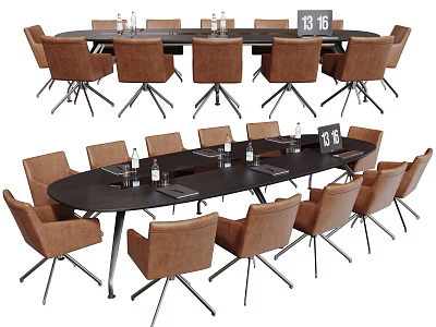 Modern Conference Table With Brown Chairs Water Bottles Notebooks And Number 18 Sign 3d model