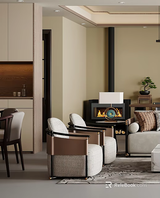 Elegant Modern Accent Armchairs In Living Room With Fireplace And Table Lamp 3d model 