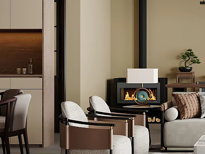 Elegant Modern Accent Armchairs In Living Room With Fireplace And Table Lamp 3d model