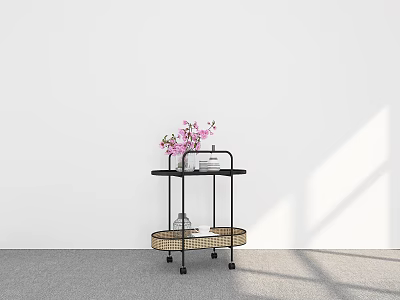 Utility Storage Cart With Wheels Rattan Lower Shelf Pink Flowers Clear Bottle On Top 3d model
