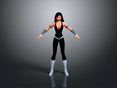 3D Female Character Model In Black Outfit With White Boots Gray Wristbands And Black Hair 3d model