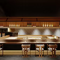 Traditional Japanese Restaurant Interior With Bar Counter Wooden Seats And Wine Bottles