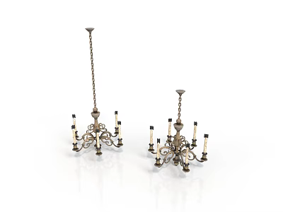 Two Vintage Metal Chandeliers With Candle Shaped Arms And Hanging Chains 3d model