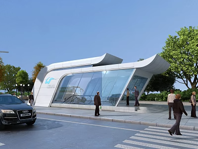 Modern Streamlined Building With Glass Facade Parked Car And Pedestrians 3d model
