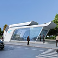 Modern Streamlined Building With Glass Facade Parked Car And Pedestrians